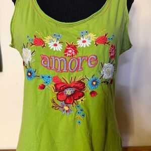 Johnny Was Top Women's M Embroidered Boho Amore Tank Tee Neon Green Floral